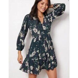 Trovata Birds of Paradis Green Floral Yulia Shirt Dress Long Sleeve Sz M